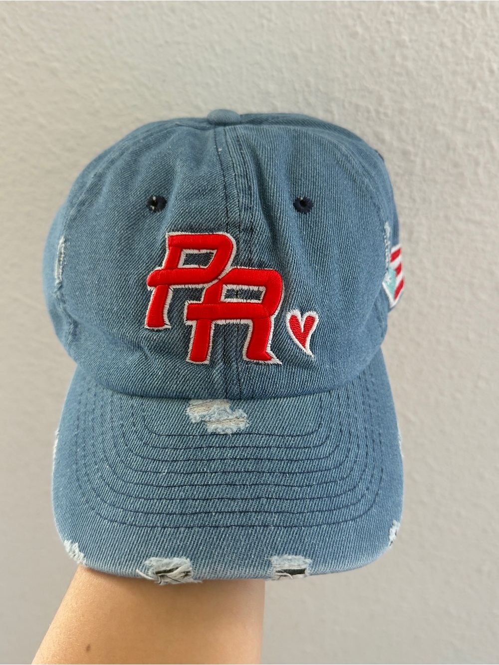 Distressed Blue Baseball Cap with Red PR Logo